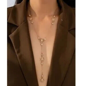 Dainty Gold Tone Faux Pearl Floral Long Necklace
